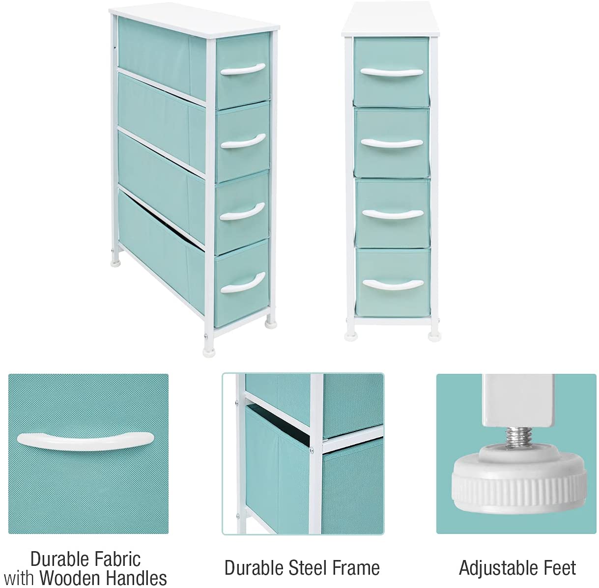 Sorbus 4 Drawers Narrow Dresser - with Steel Frame, Wood Top & Easy Pull Fabric Bins for Small Spaces, Closets, Bedroom, Bathroom & Laundry