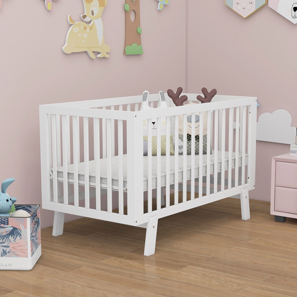 Gymax Wooden Baby Crib 3-Height Adjustable Wood Mini Crib Non-Toxic Finish In White