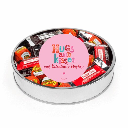 Valentine&#x27;s Day Sugar Free Chocolate Gift Tin Large Plastic Tin with Sticker and Hershey&#x27;s Candy &#x26; Reese&#x27;s Mix - Hugs &#x26; Kisses