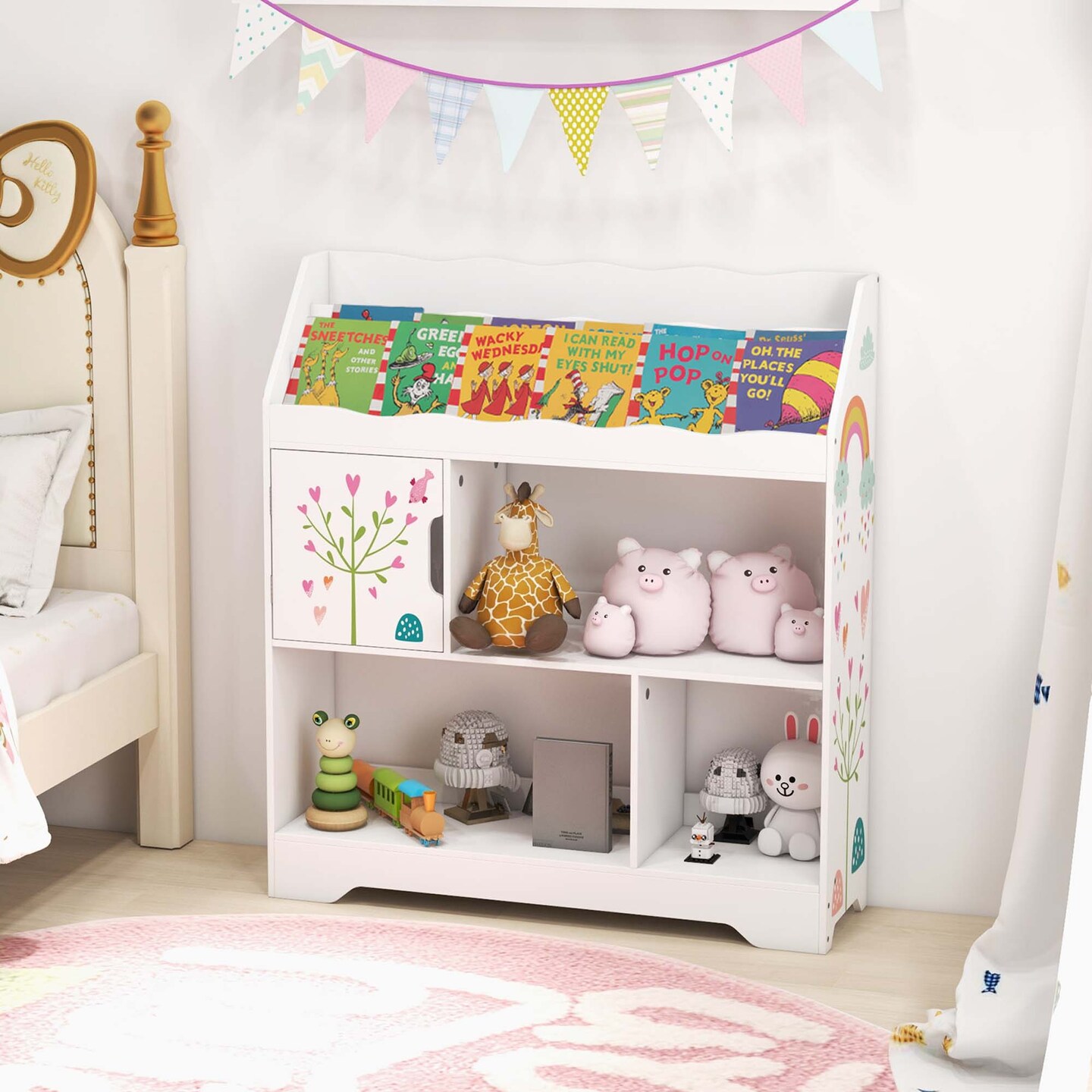 Costway Toy Storage Organizer 3-In-1 Kids Toy Shelf with Book Shelf, Storage Cabinet White/Blue