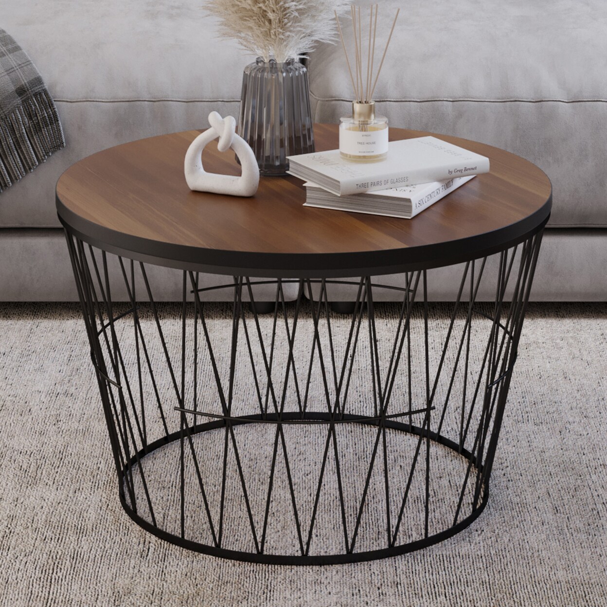 Modern Round Coffee Table Metal Base 23.5&#x22; Diameter Compact Accent Table Brown