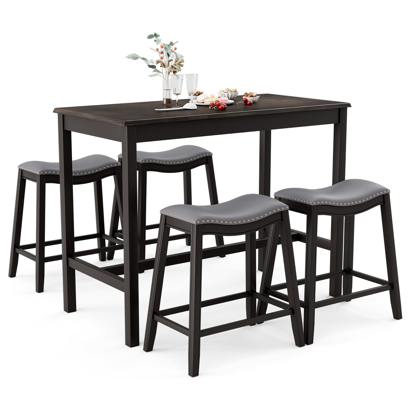 Costway 5PCS Bar Table Set Counter Height Table &#x26; Upholstered Saddle Stools Set for 4