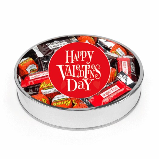 Valentine&#x27;s Day Sugar Free Candy Gift Tin Large Plastic Tin with Red Sticker and Hershey&#x27;s Chocolate &#x26; Reese&#x27;s Mix