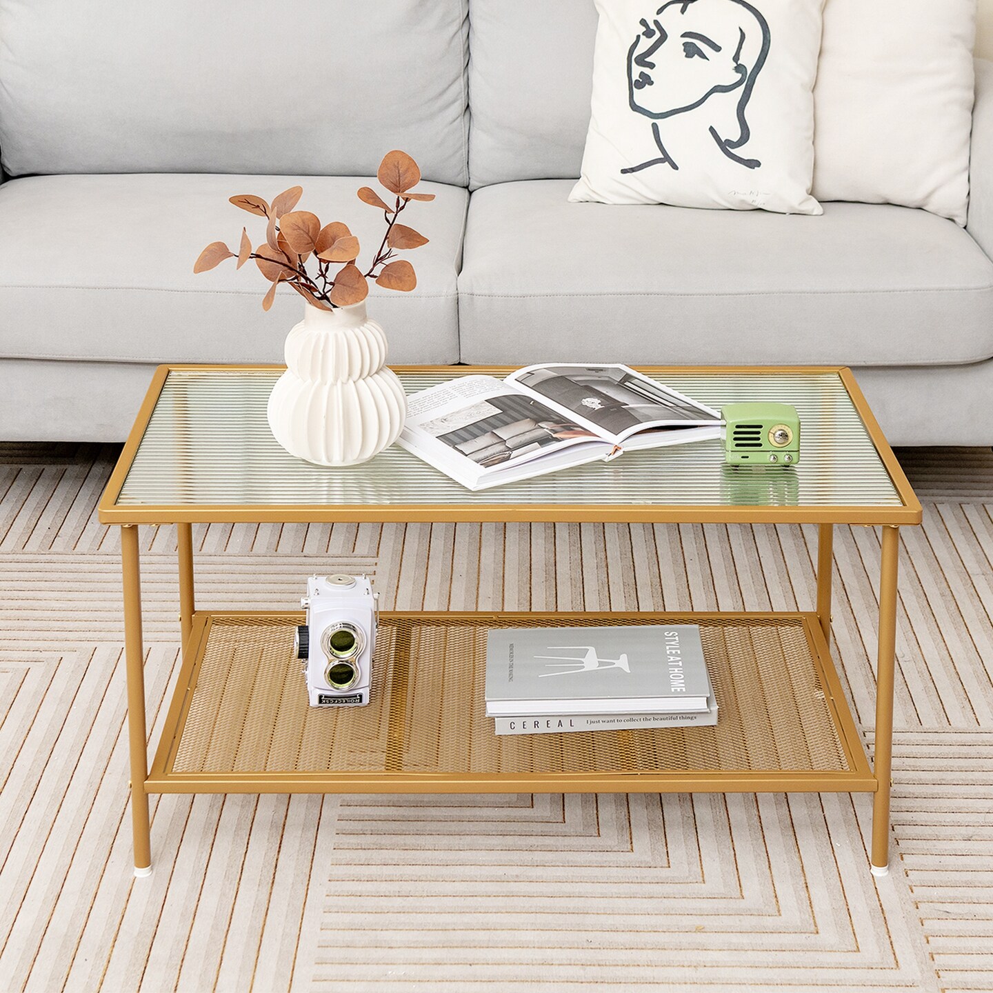 Costway 2-Tier Coffee Table with Shelf with Tempered Glass Top & Metal Frame Living Room