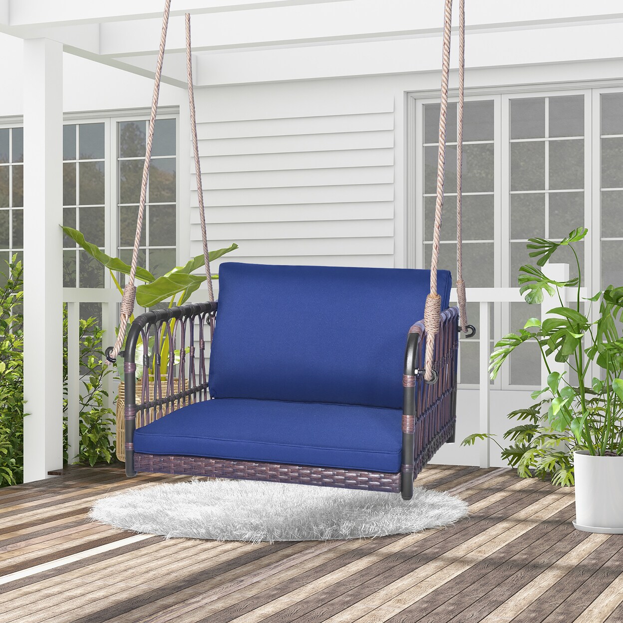 Patio Rattan Porch Swing Single Person Hanging Seat W/ Seat And Back Cushions Backyard