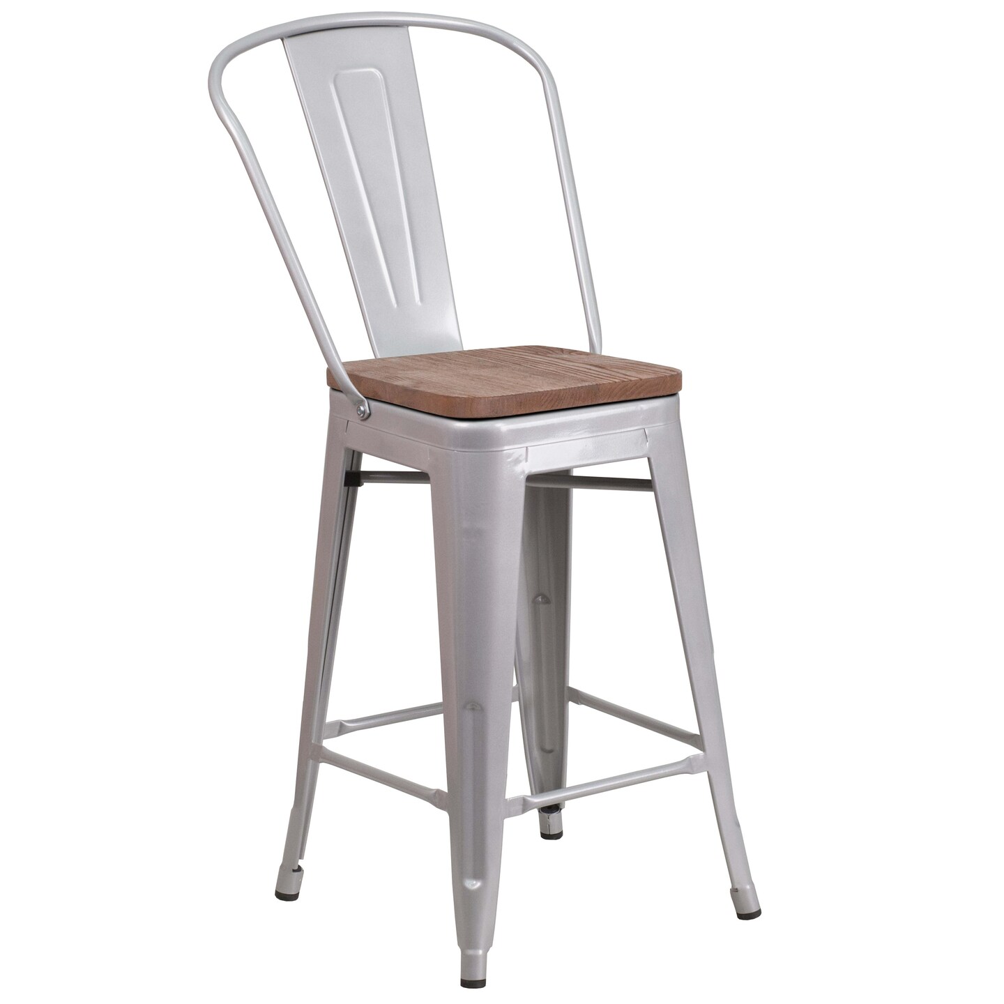 Merrick Lane Donnely Metal Dining Stool with Curved Slatted Back and Textured Wood Seat
