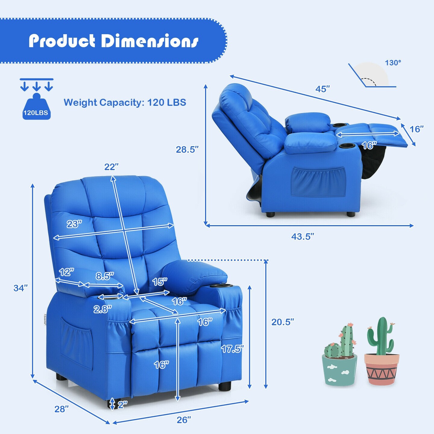 Kids Recliner Chair with Cup Holders Suitable for Children's Room, Living Room and Bedroom