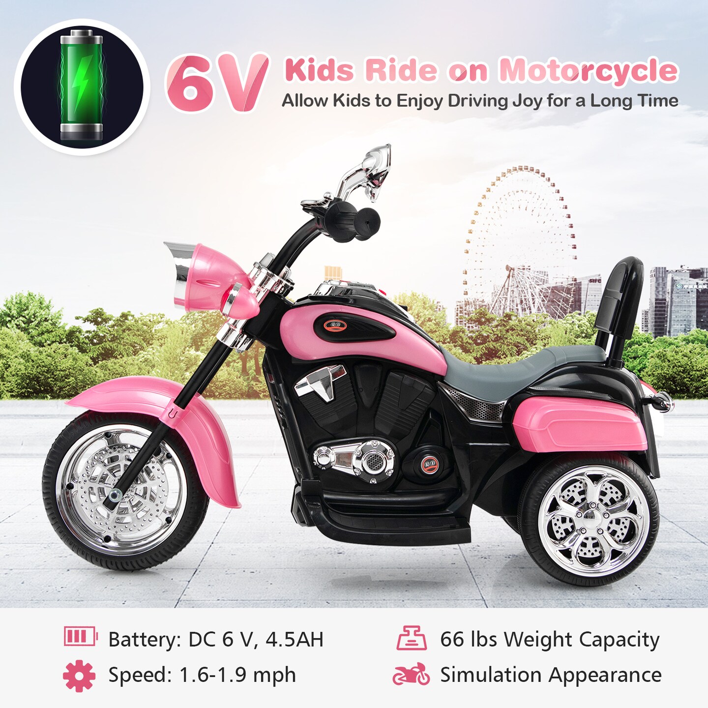 6V Chopper Style Motorcycle with Bright Headlight and Cheering Music Perfect Gift to Kids