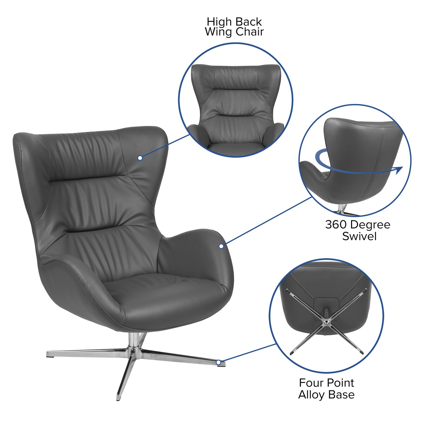 Merrick Lane Olwen Ergonomic High-Back Lounge Chair 360&#xB0; Swivel Accent Chair Side Chair with 4 Star Alloy Base
