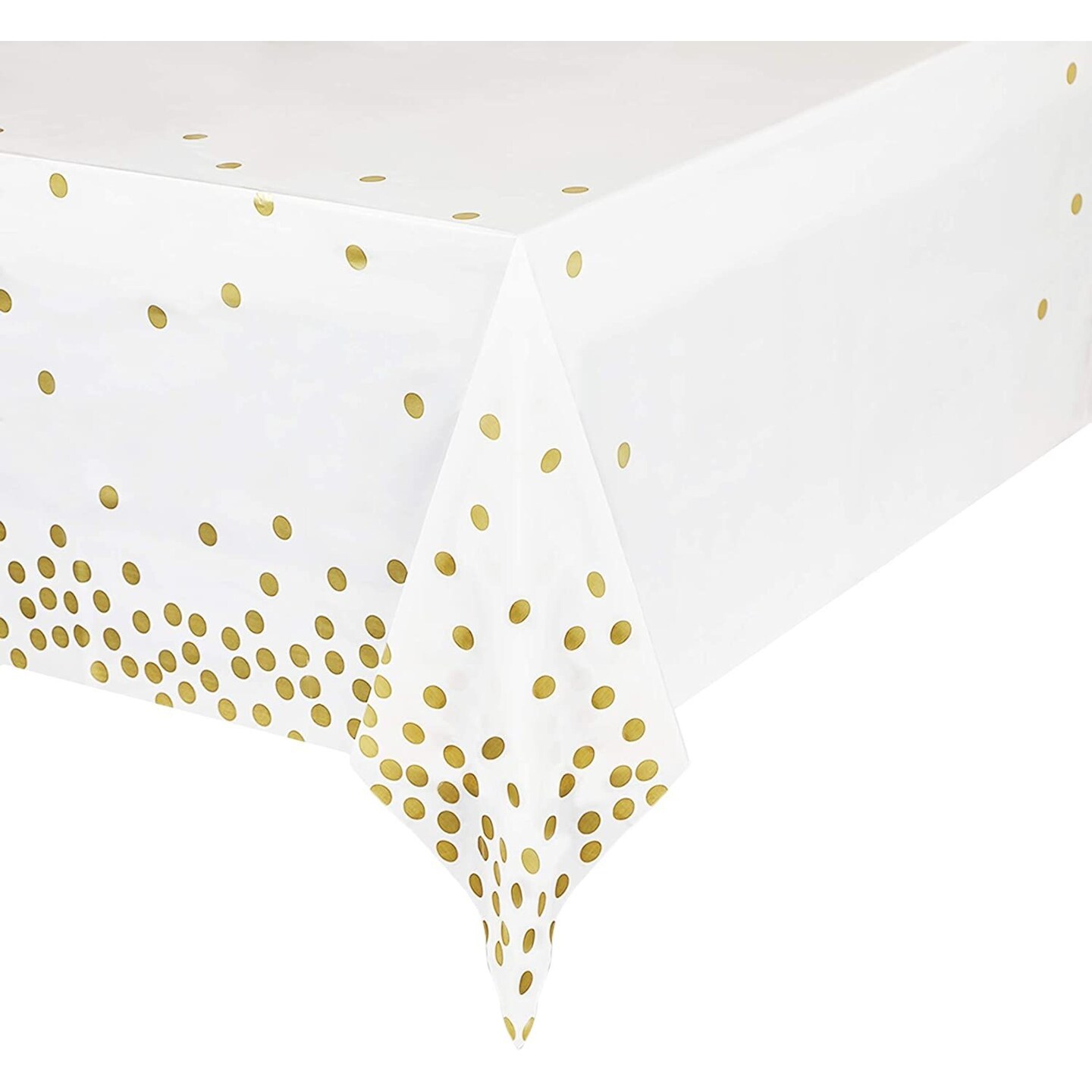 6 Pack Plastic White and Gold Tablecloth with Gold Polka Dot Confetti, Rectangular Party Table Covers (54 x 108 in, 6 Pack)