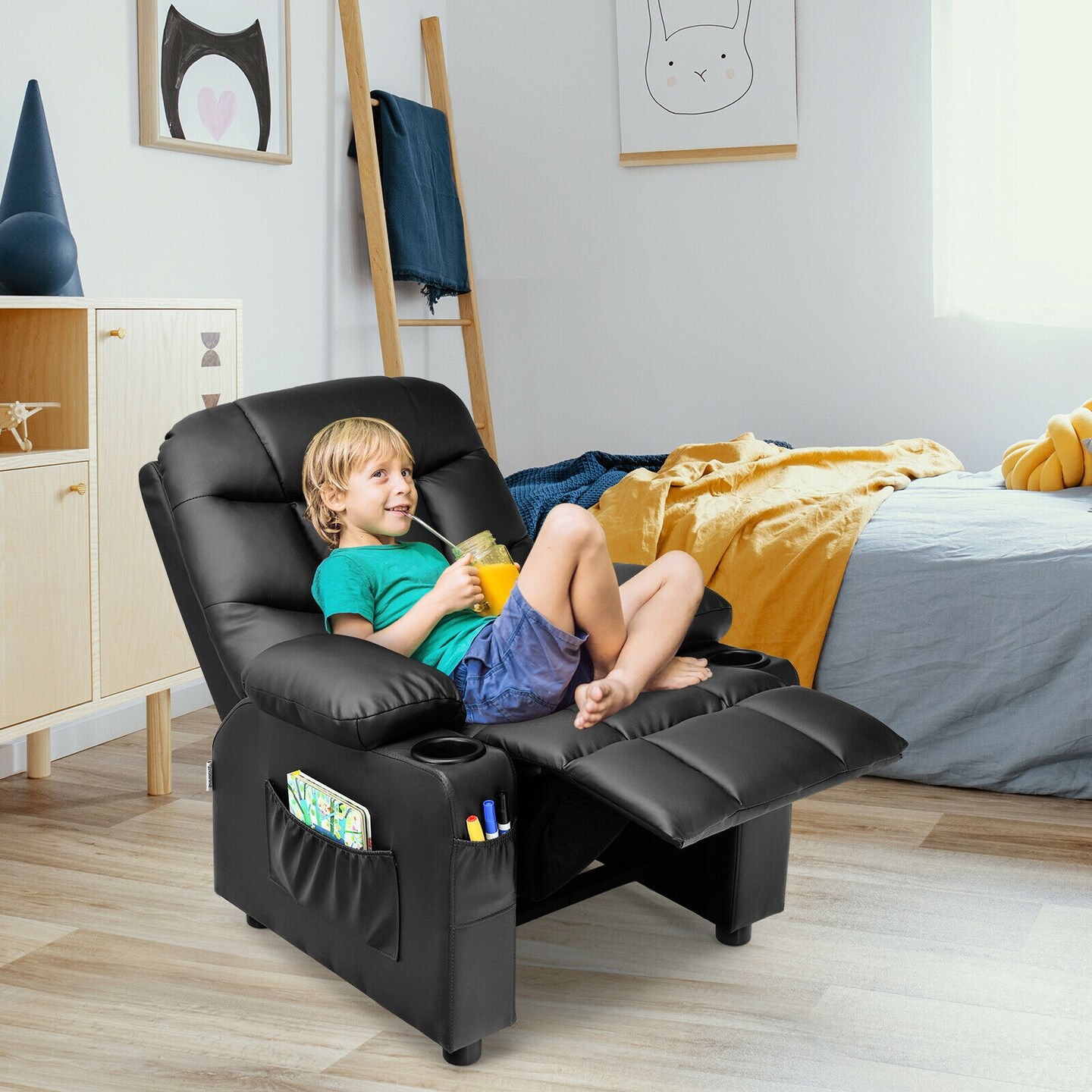 Kids Recliner Chair with Cup Holders Suitable for Children's Room, Living Room and Bedroom