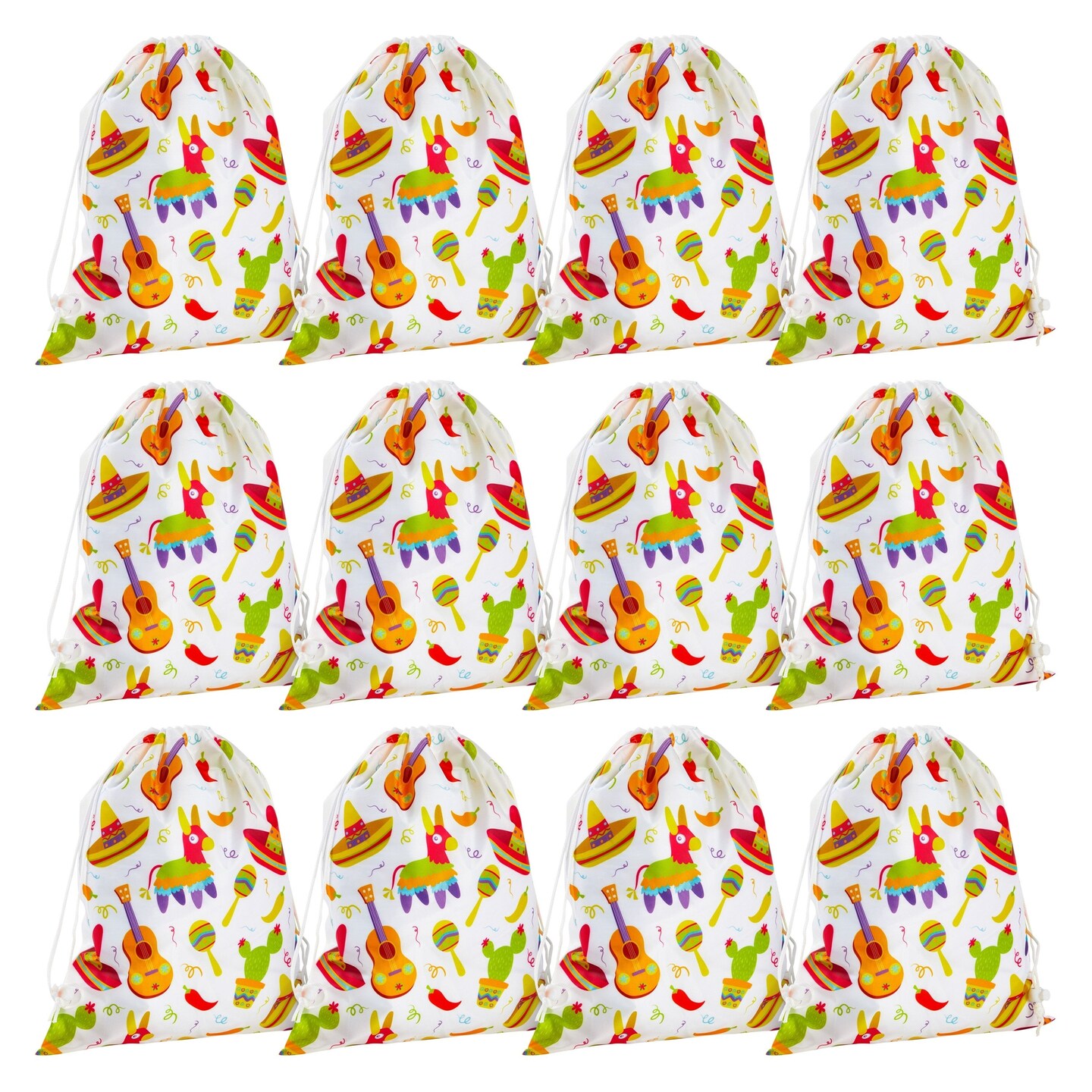 12 Pack Fiesta Drawstring Party Favor Bags for Cinco de Mayo Celebration, Kid&#x27;s Birthdays (12 x 10 Inches)