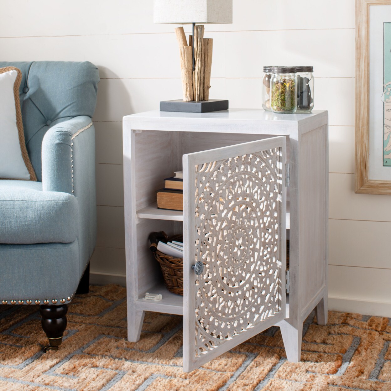 Safavieh   Thea 1 Door Carved Nightstand White Washed