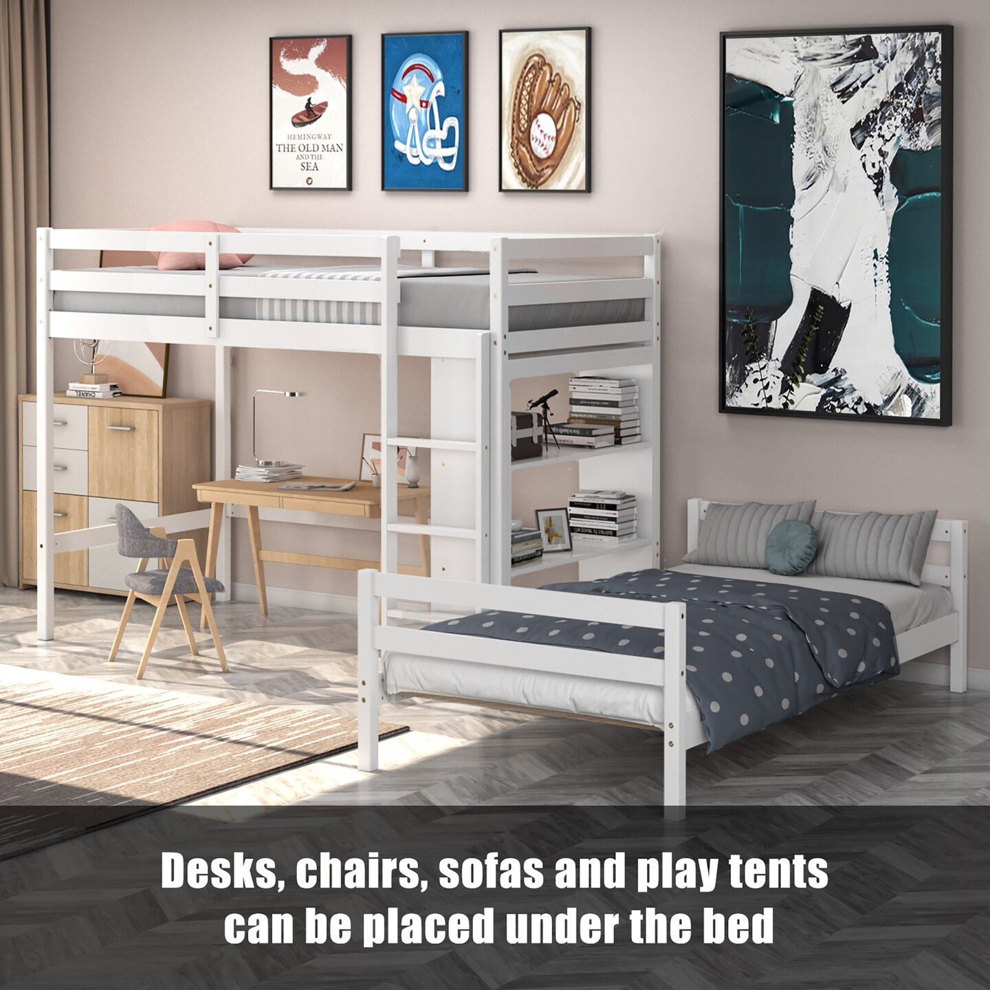 Costway Twin Over Twin Loft Bunk Bed Wood w/Bookcase Guardrail Ladder Kids Bedroom