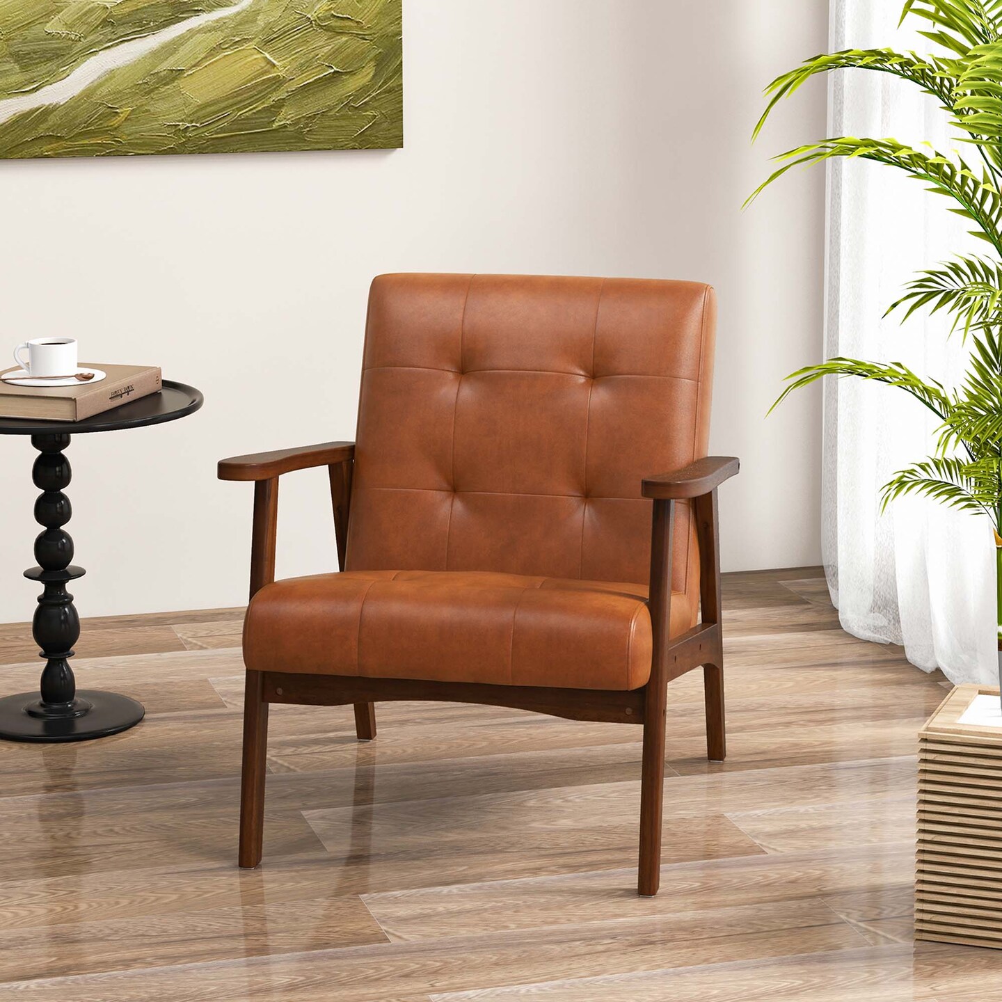 Costway Mid Century Accent Chair Tufted Reading Armchair Solid Rubber Wood Brown/Black