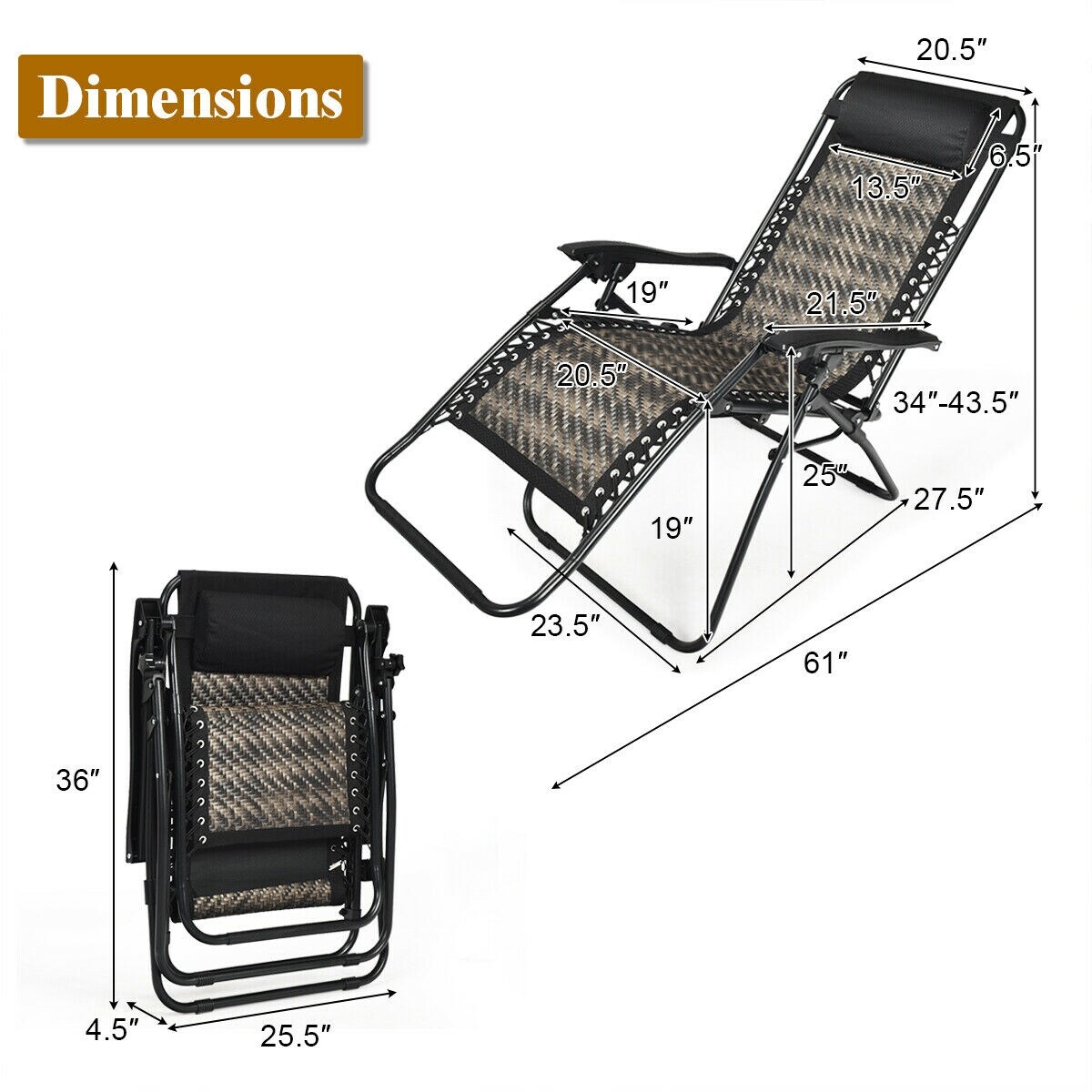 Folding Rattan Zero Gravity Lounge Chair with Removable Head Pillow