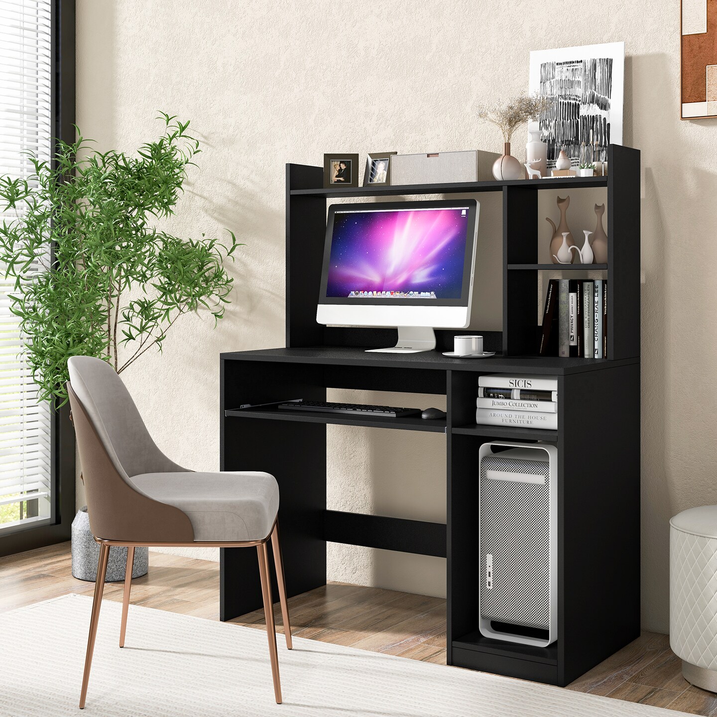 Costway Computer Desk Study Bookcase Workstation with Charging Station Hutch &#x26; CPU Stand