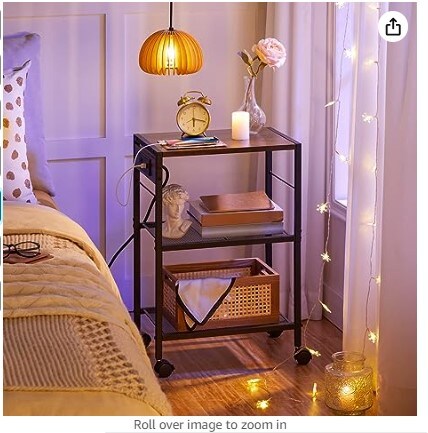 Rustic Brown BF22UPS01 Industrial Printer Stand, 3-Tier Mobile Printer Table, Rolling Cart with Power Outlets and USB Ports, Home Printer Stand with 2 Hooks, for Office, Living Room