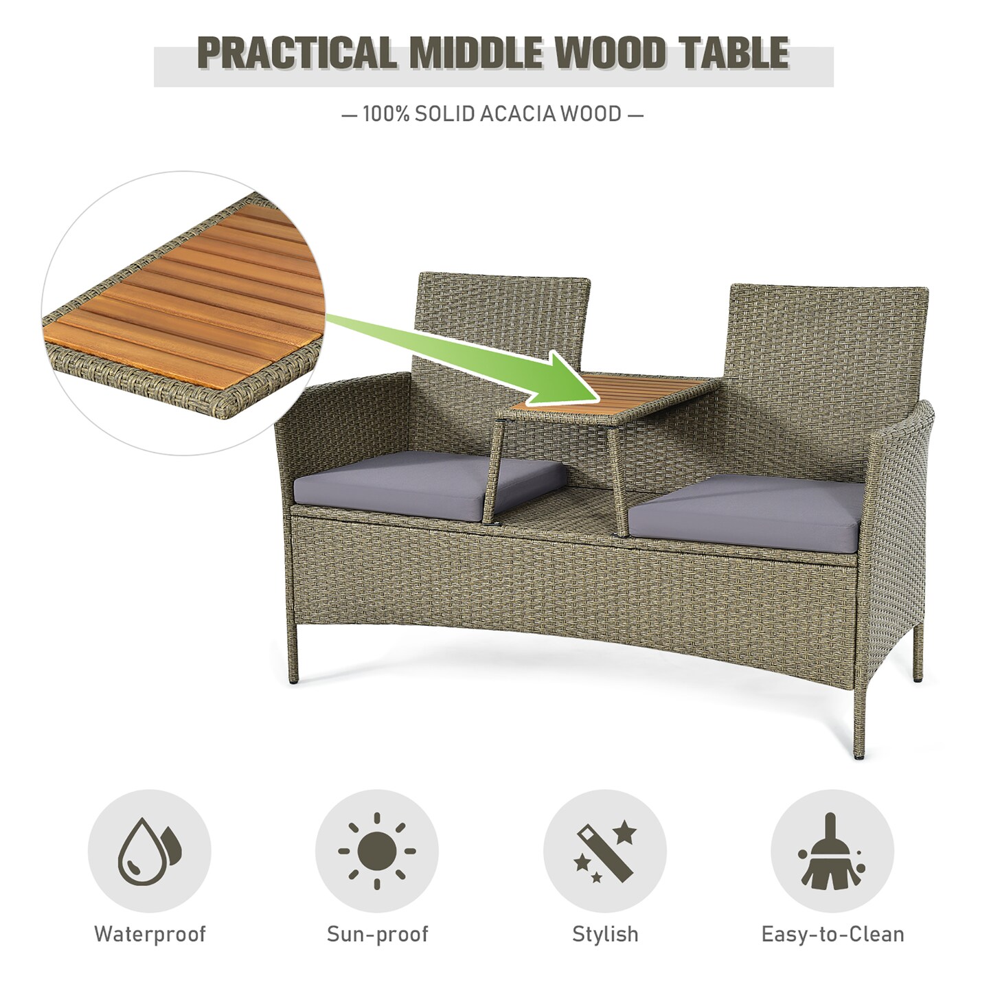 Costway 2-Person Patio Rattan Conversation Furniture Set Loveseat Coffee Table