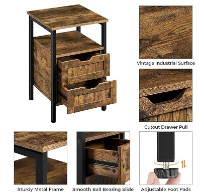 Nightstands Set of 2, Rustic Brown, Wood Bedside Table with 2 Drawer and Open Shelf, Bedside Cupboard Storage Cabinet Unit with Metal Frame for Bedroom/Small Space