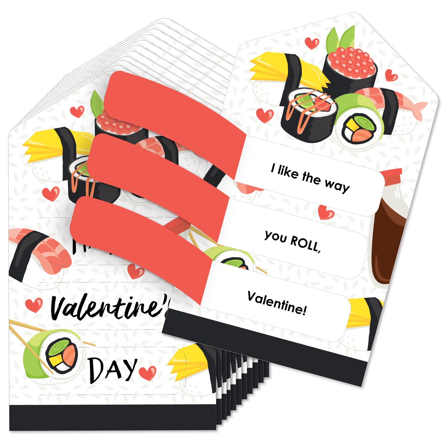 Big Dot of Happiness Let&#x27;s Roll - Sushi - Cards for Kids - Happy Valentine&#x27;s Day Pull Tabs - Set of 12