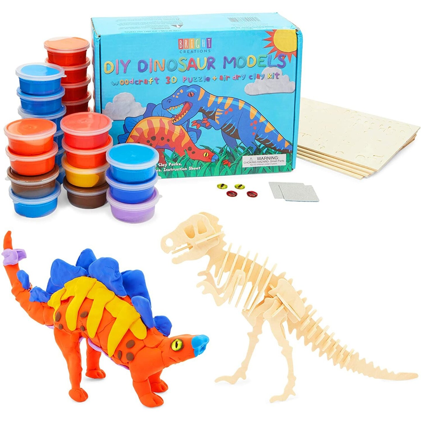 30 Pieces Air Dry Modeling Clay Craft Kit for Kids with Puzzle Sheet,  Dinosaur T-Rex Stegosaurus