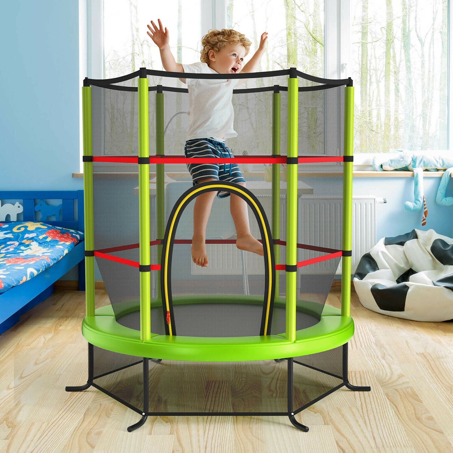 65 Inch Kids Recreational Trampoline Bouncing Jumping Mat with Enclosure Net