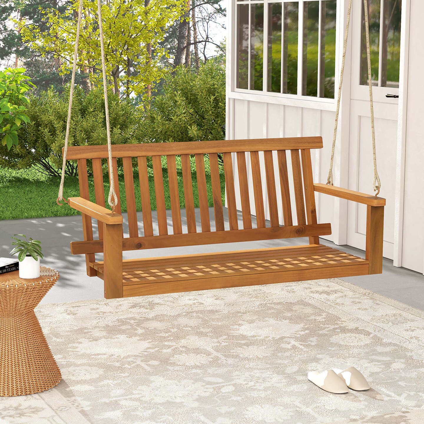 Costway 2-Seat Porch Swing Bench Acacia Wood Chair with 2 Hanging Hemp Ropes for Backyard