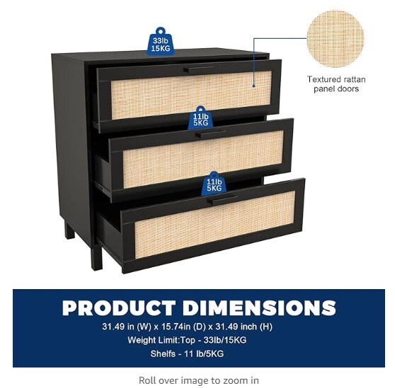 Durable Modern Luxury Furniture Decorative 3-Drawer Dresser, Oxford Rattan Chest of Drawers End Cabinets Storage Corner Bedside Table for Bedroom, Living Room, and Entryway (Black)