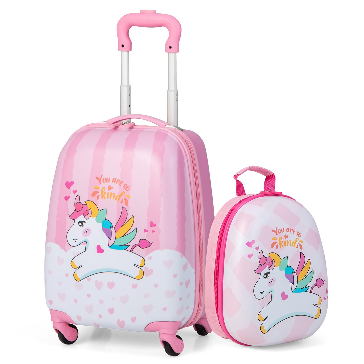 Costway 2Pc 12'' 16'' Kids Luggage Set Suitcase Backpack School Travel Trolley ABS pinkpink&light greendark bluelight