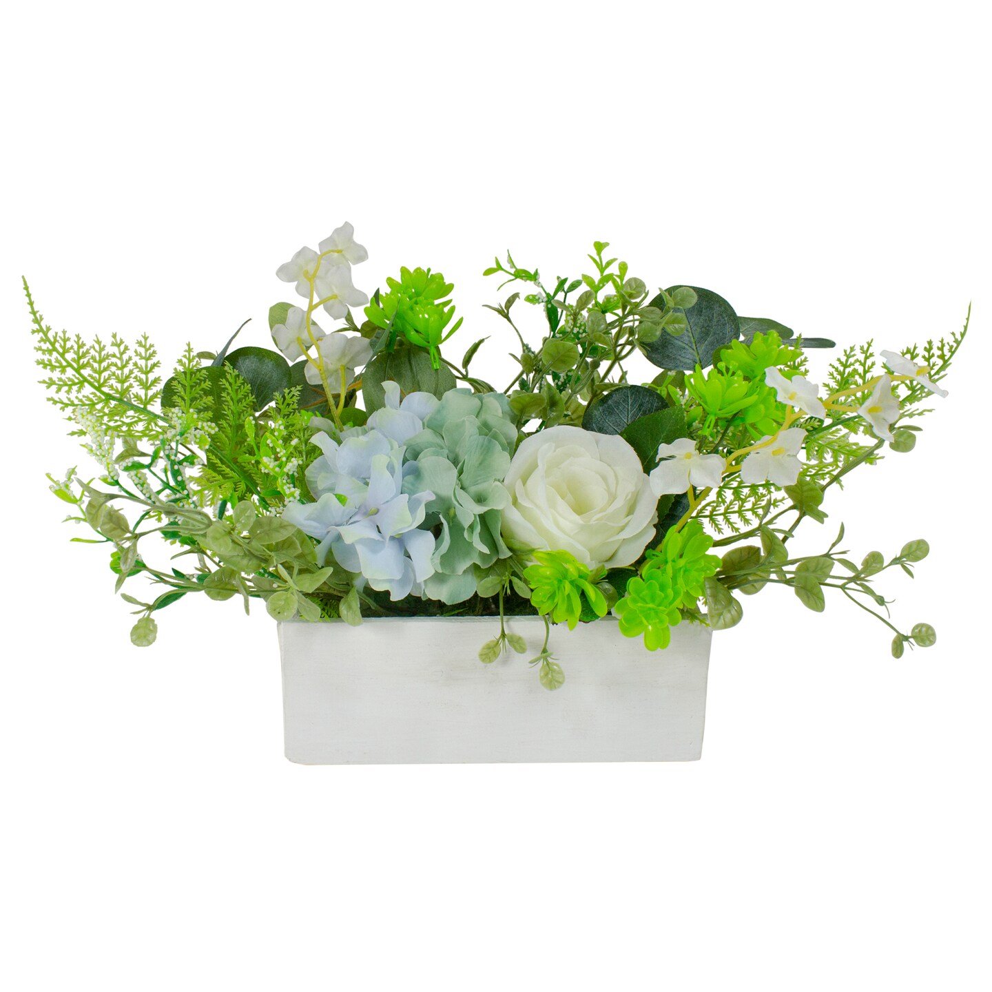 Northlight Hydrangea and Rose Artificial Floral Arrangement in Planter - 14&#x22; - Blue and White