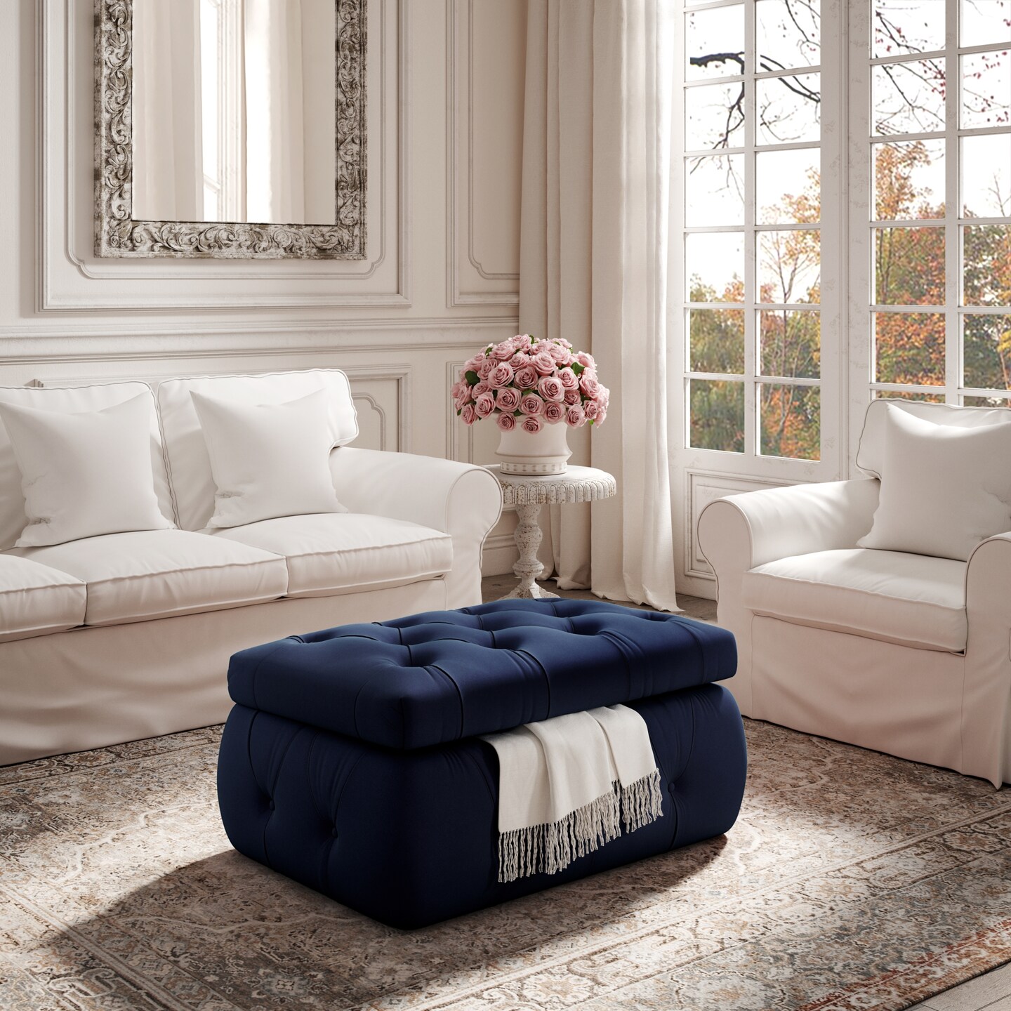Jahlil Linen/Velvet Storage Ottoman, Color: Emerald Green, Model