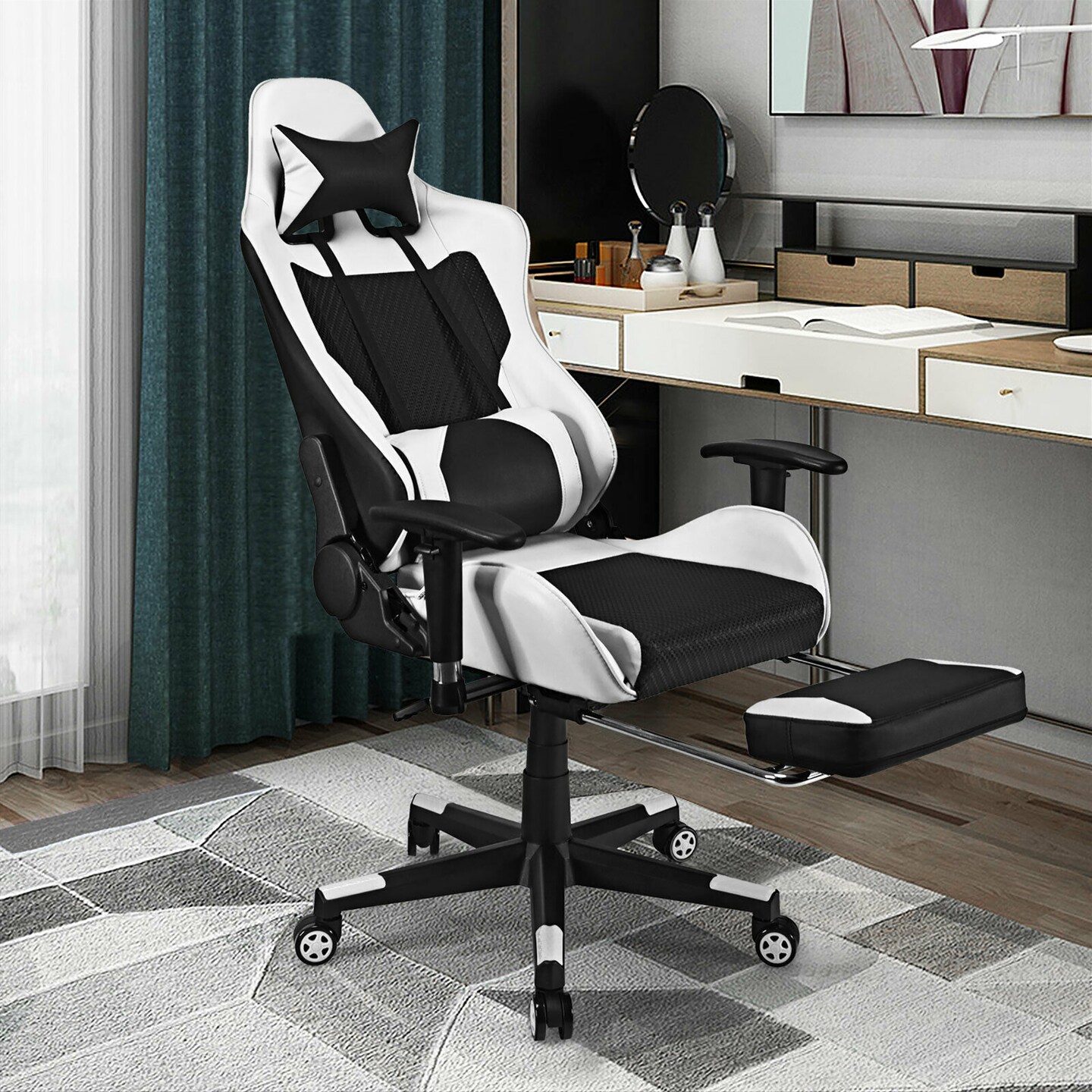 Costway Massage Gaming Chair Recliner Racing Chair w/ Massage Lumbar Support &#x26; Footrest