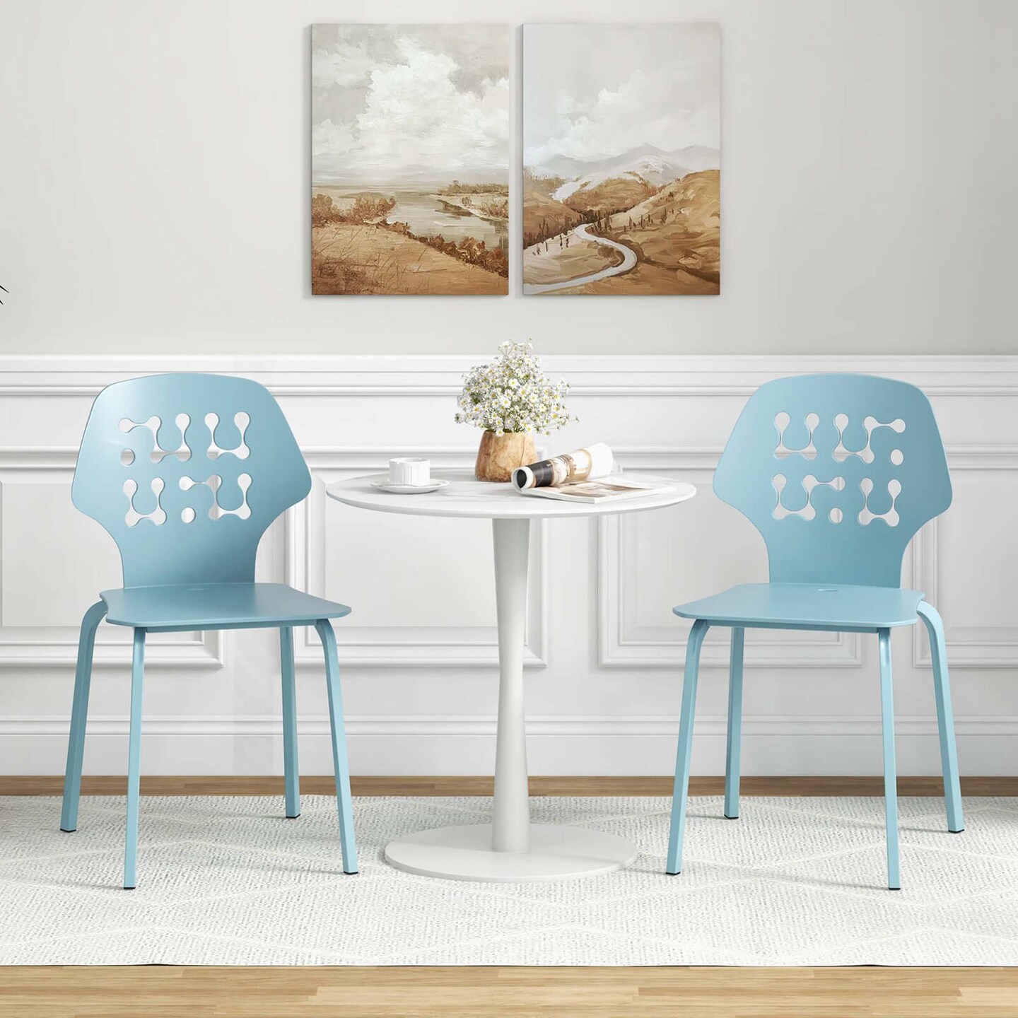 Costway Metal Dining Chair Set of 4 Armless Kitchen Hollowed Backrest &#x26; Metal Legs Blue/White