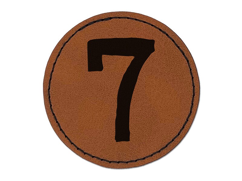 Number 7 Seven Cute Typewriter Font Round Iron-On Engraved Faux Leather Patch Applique - 2.5&#x22;