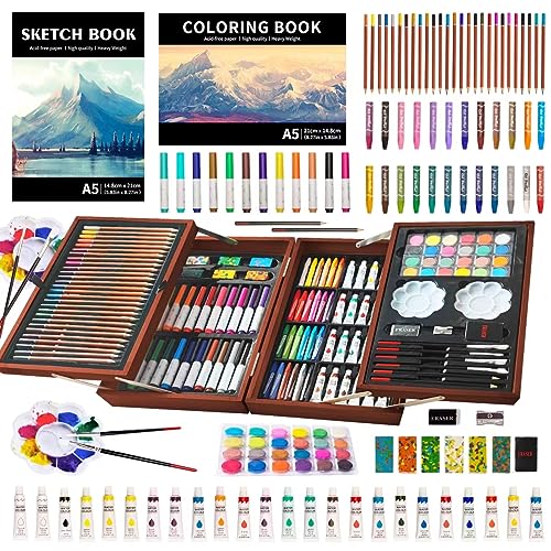 139 Piece Art Sets & Crafts Kit with Sketch Pads, Deluxe Wooden Box for Artist Beginners Girls Boys (Light Brown)