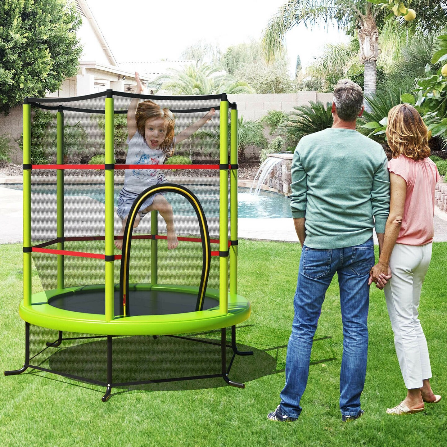 65 Inch Kids Recreational Trampoline Bouncing Jumping Mat with Enclosure Net