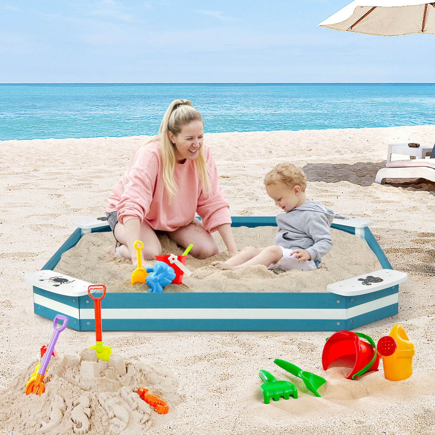 Wooden Kids Sandbox with 4 Built In Seats Cedar Wood Blue White