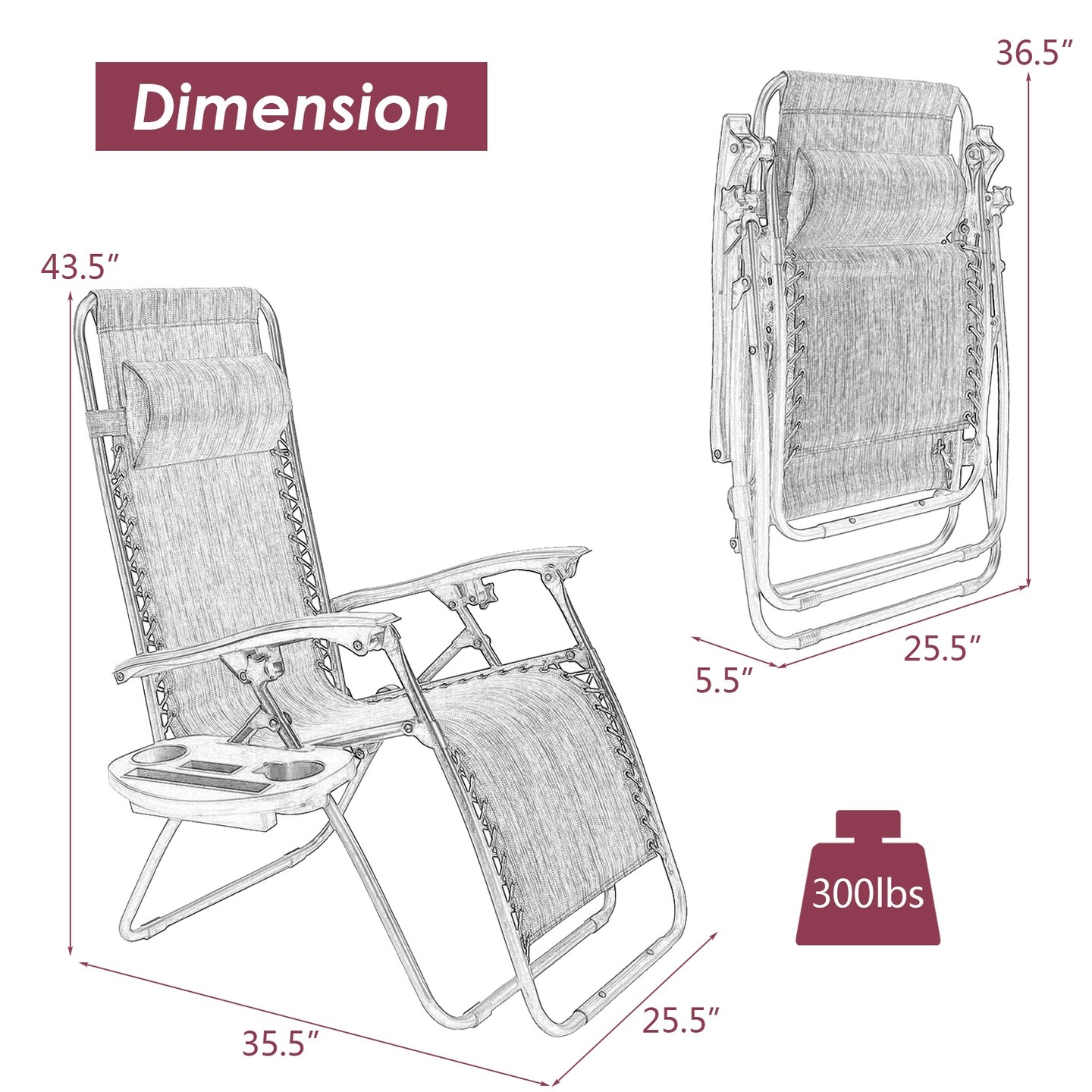 Outdoor Folding Zero Gravity Reclining Lounge Chair with Utility Tray