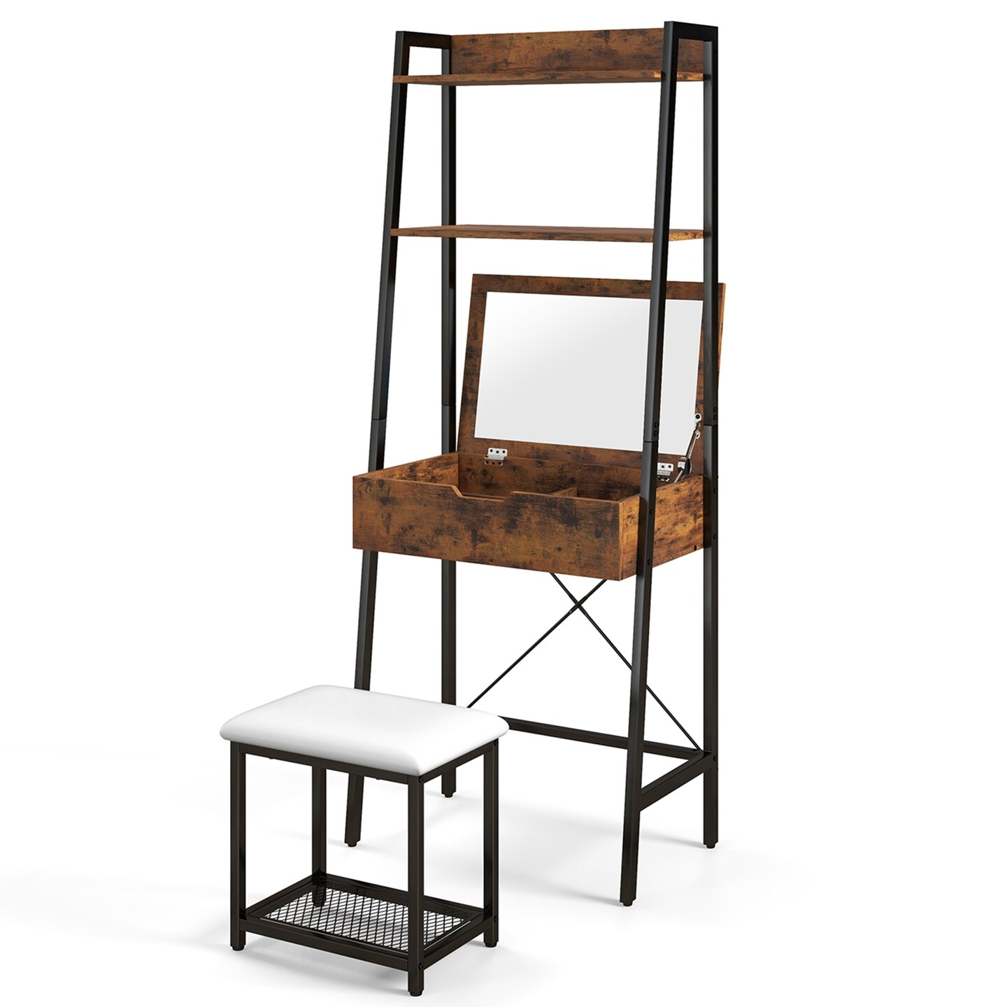 Costway Vanity Table Set Flip Top Mirror Ladder Storage Shelf Cushioned Stool Rustic