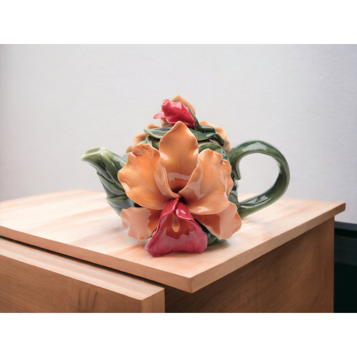 Ceramic Orange Orchid Flower Teapot, Home Decoration Gift Idea Pottery Tea Pot