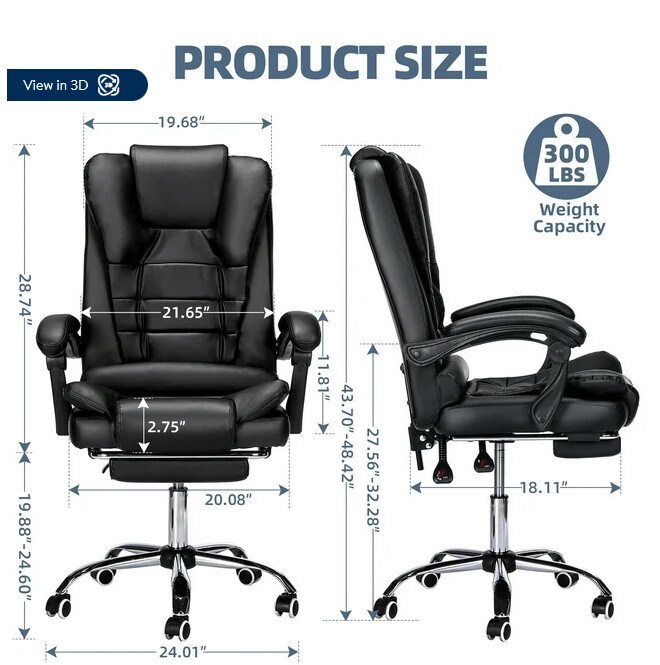 Large and tall executive leather chair with adjustable backrest and wheels for an ergonomic computer desk Black Footrest with Lumbar Support for Home Office