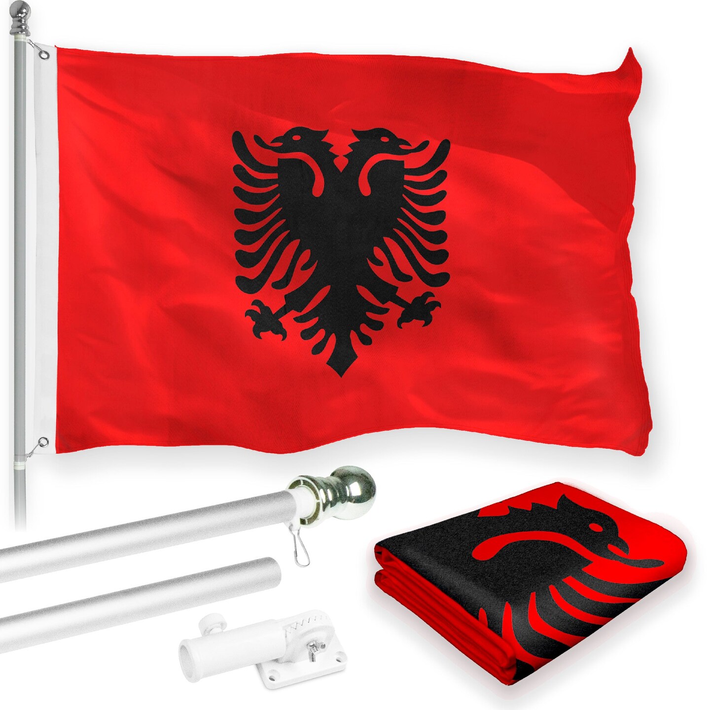 G128 Combo Pack: 6 Feet Tangle Free Spinning Flagpole (Silver) Albania Flag 3x5 ft Printed 150D Brass Grommets (Flag Included) Aluminum Flag Pole