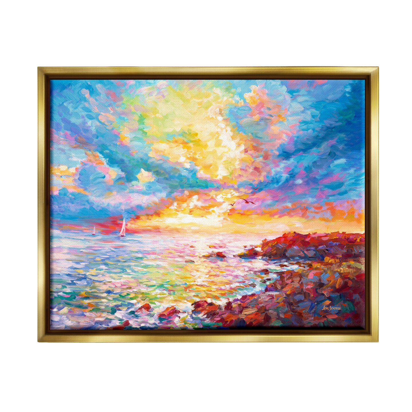 Stupell Industries Mediterranean Sunset Coast Black Framed Floater Canvas Wall Art