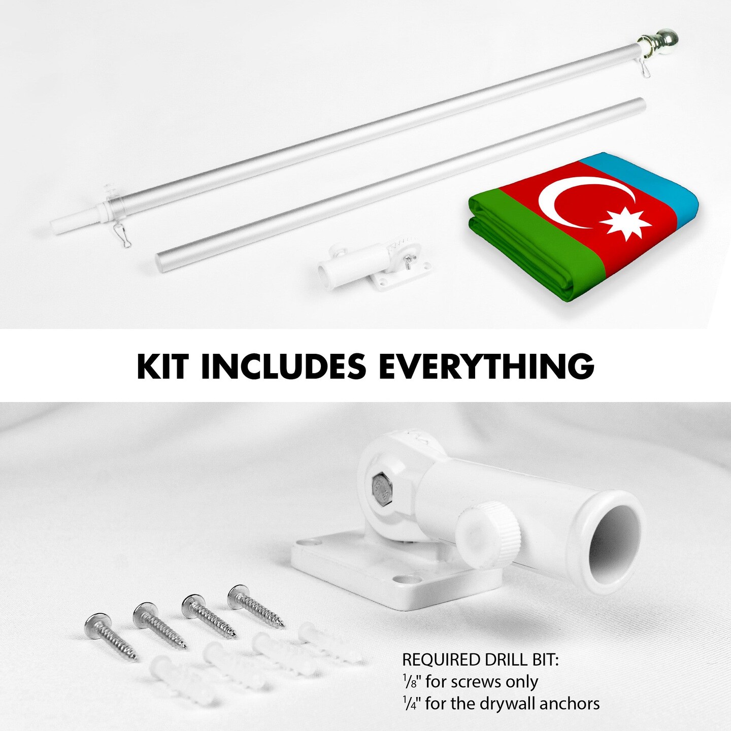 G128 Combo Pack: 6 Ft Tangle Free Aluminum Spinning Flagpole (Silver) &#x26; Azerbaijan Azerbaijanis Azeris Flag  3x5 Ft LiteWeave Pro Series Printed 150D Polyester | Pole with Flag Included
