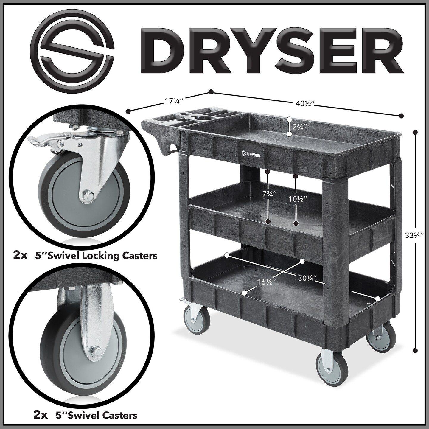 Dryser Utility Cart with Wheels, 40&#x22; x 17&#x22; Heavy Duty 550 lb. Capacity with Shelves - 3 Tier Rolling Cart with Two 5&#x22; Swivel Casters for Warehouse, Garage, Cleaning