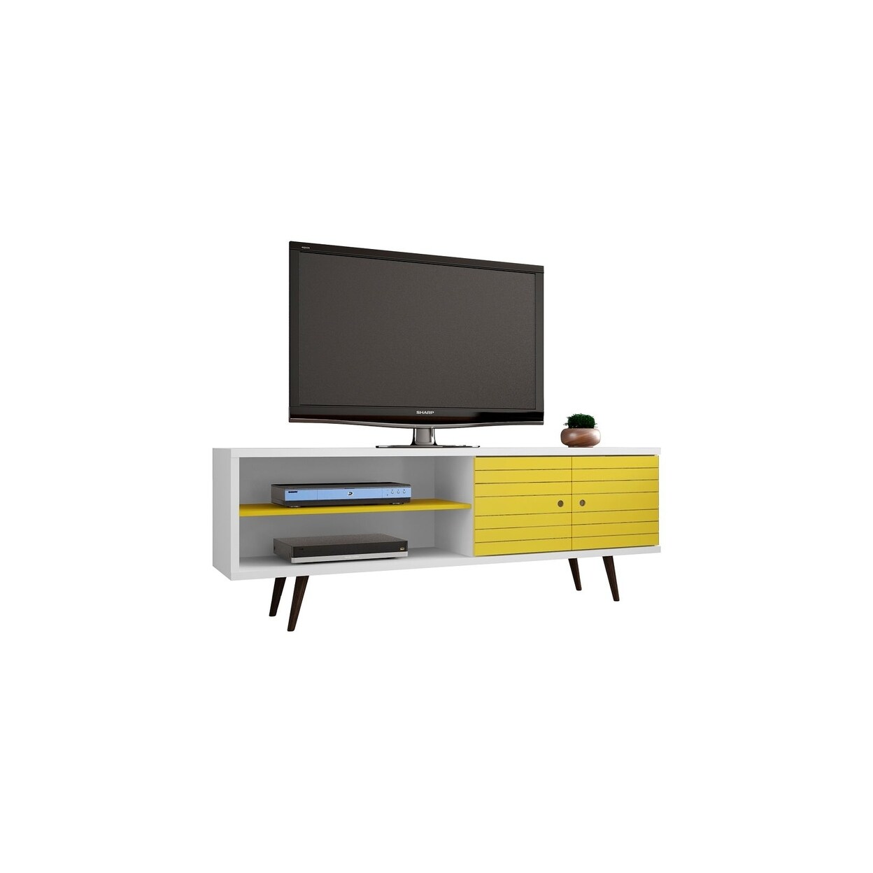 Manhattan Comfort Liberty 62.99&#x22; Mid-Century Modern TV Stand with 3 Shelves and 2 Doors with Solid Wood Legs