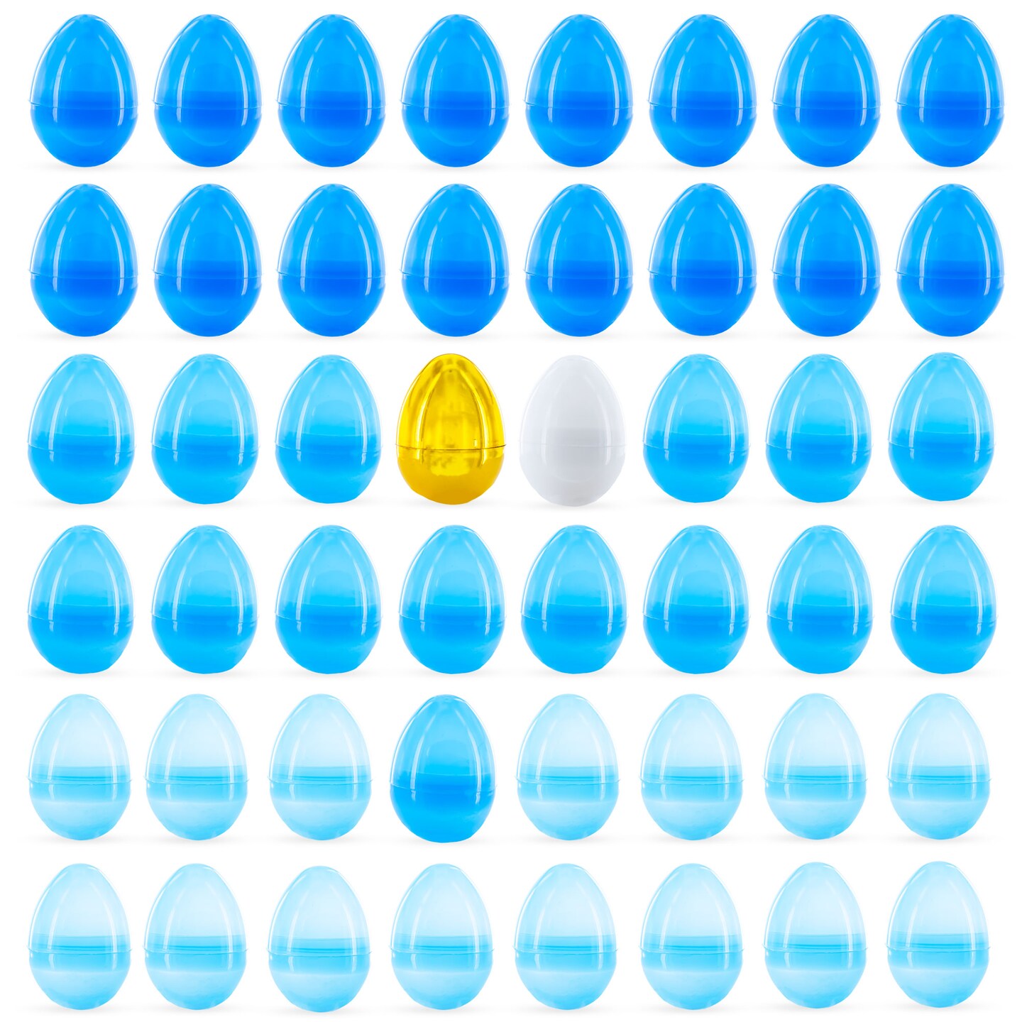 Set of 46 Blue Plastic Eggs, 1 White Egg, and 1 Gilded Golden Easter Egg