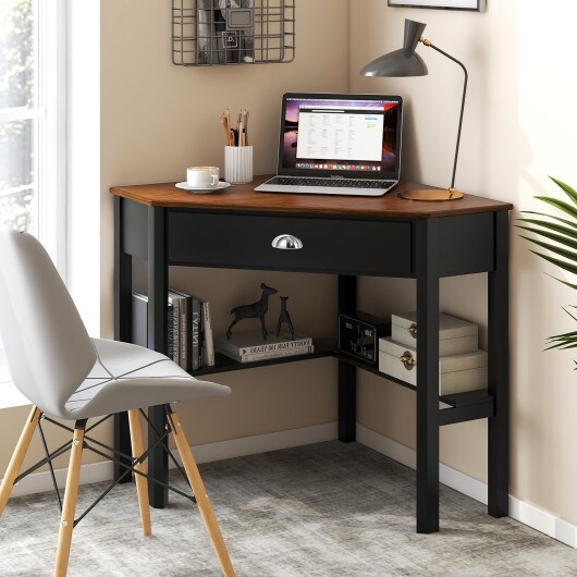 Wooden Corner Computer Desk with Big Storage Drawer and Two Open Shelves