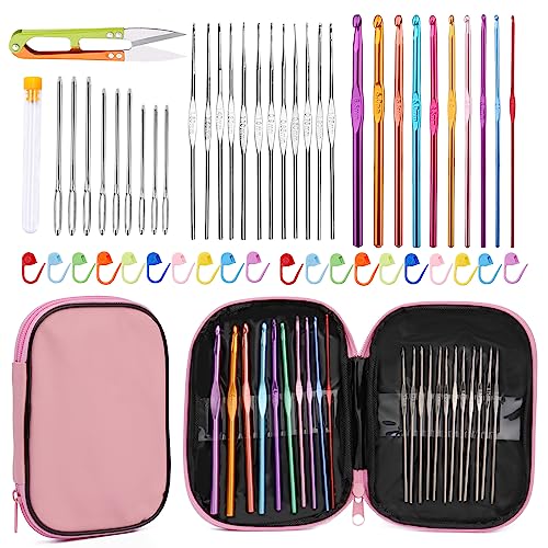 54 Pieces Crochet Needles Set, Crochet Hooks Kit with Storage Case, Ergonomic Knitting Needles Blunt Needles Stitch Marker DIY Hand Knitting Craft Art Tools for Beginners-Pink